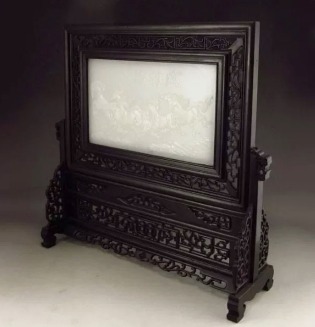 CHINESE WHITE JADE AND CARVED WOOD SCREEN (1 of 3)