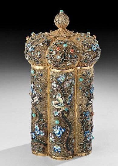 CHINESE SILVER GILT AND ENAMEL CANISTER (1 of 2)