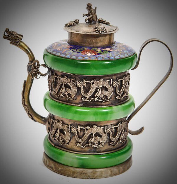 CHINESE SILVER AND JADE TEA POT (1 of 2)