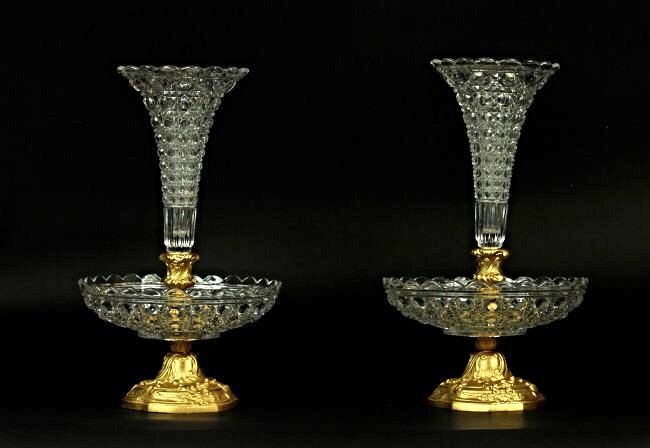 PAIR OF ORMOLU MOUNTED BACCARAT STYLE CRYSTAL VASES (1 of 3)