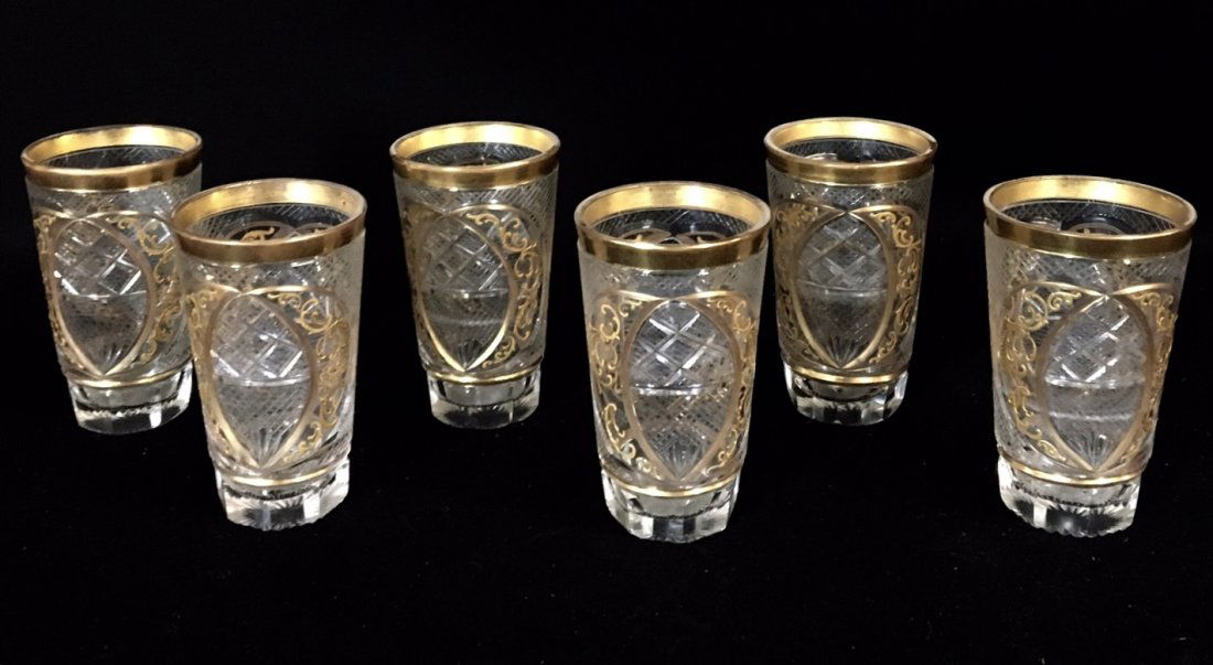 6 GILT MOSER SHOT GLASSES: Measuring 3.75" High. Very good condition, minor gold loss. Estimate $400-500