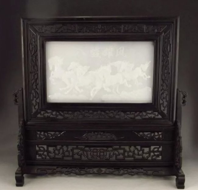 CHINESE WHITE JADE AND CARVED WOOD SCREEN (1 of 3)