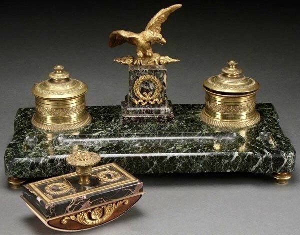 19TH CENTURY EMPIRE STYLE GILT BRONZE AND MARBLE INKWEL (1 of 1)