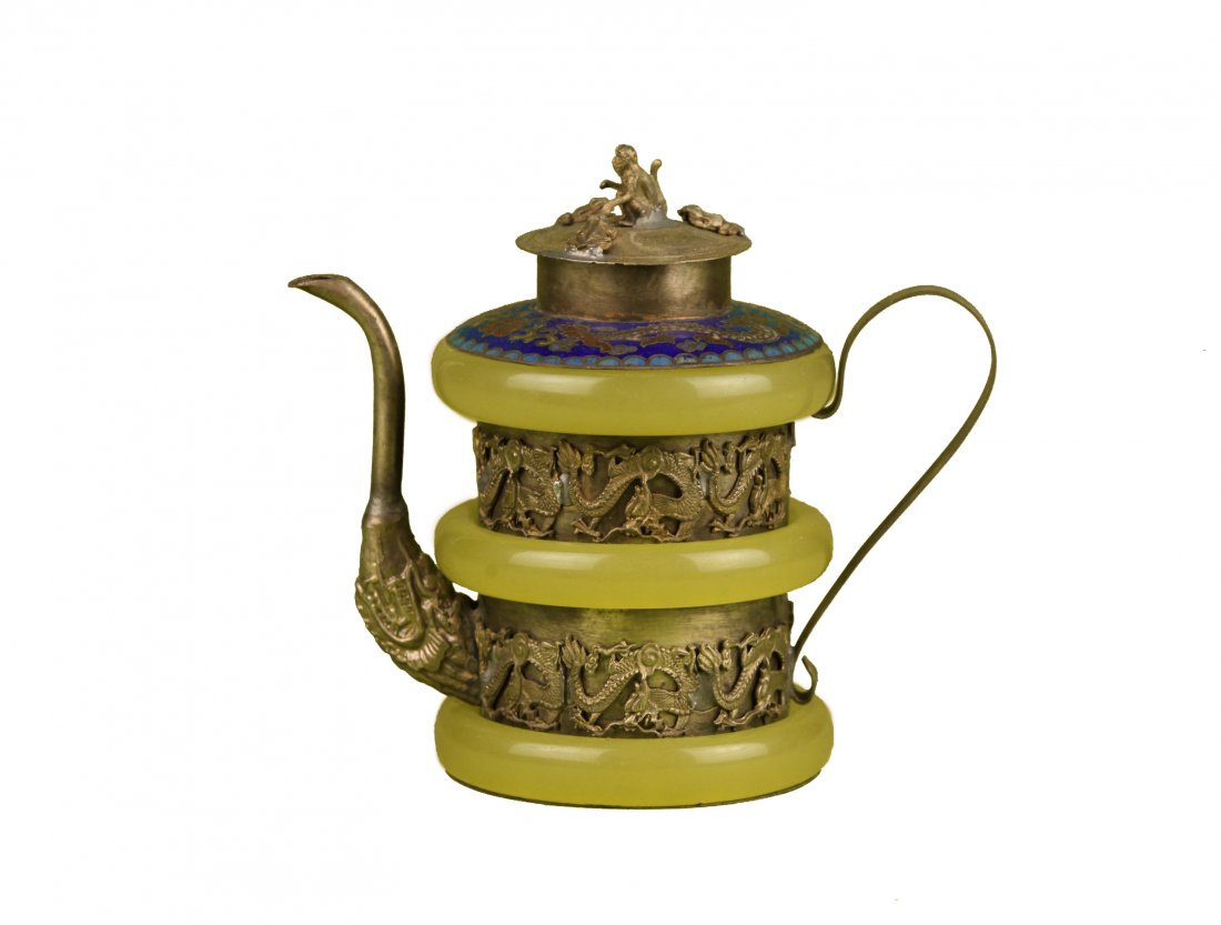 CHINESE SILVER JADE AND ENAMEL TEA POT (1 of 2)