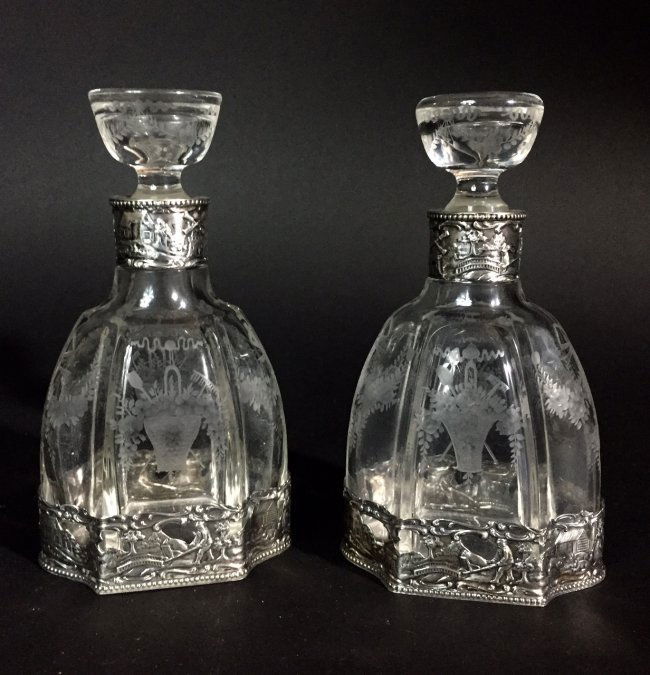 A PAIR OF GERMAN ETCHED GLASS AND SILVER LIQUOR BOTTLES (1 of 6)