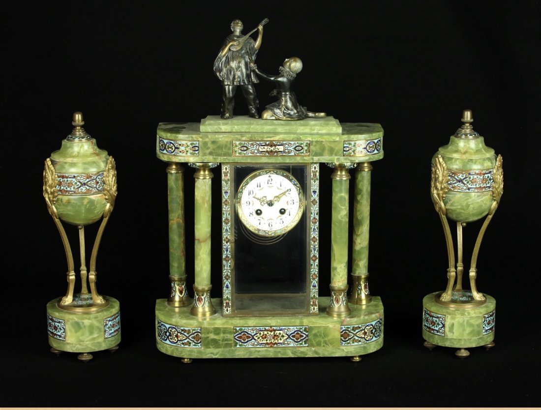 FRENCH CHAMPLEVE ENAMEL CLOCK SET (1 of 3)