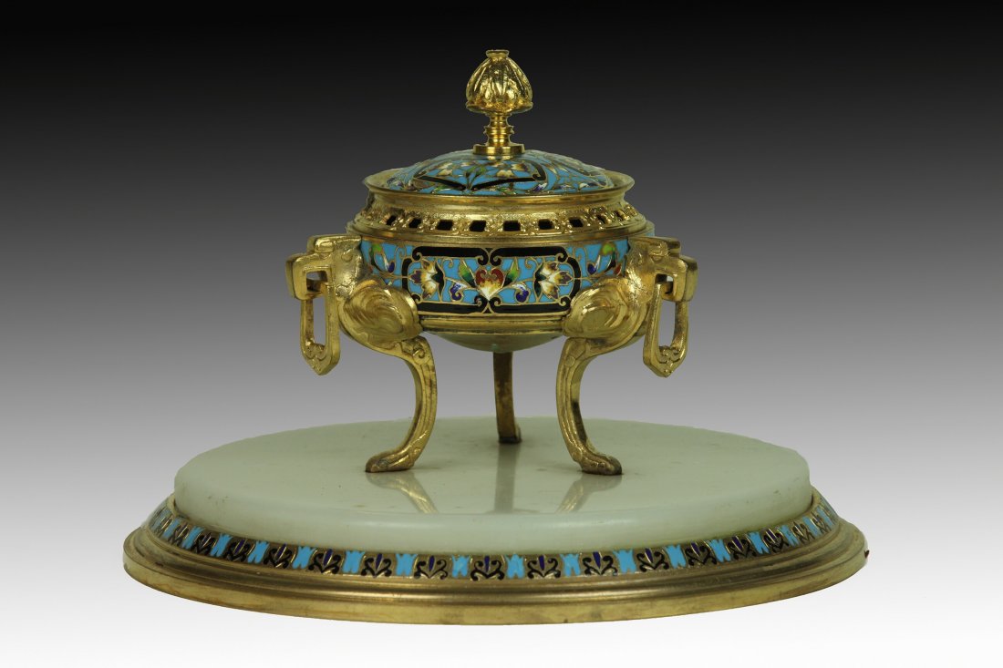 19TH CENTURY CHAMPLEVE ENAMEL INKWELL: Measures 8" D. Excellent condition. Estimate $500-600