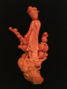 A MAGNIFICENT CHINESE CORAL CARVING OF A GUANYIN: Circa 1900. Measures 18cm and 230 Grams. Estimate $3.000-4.000