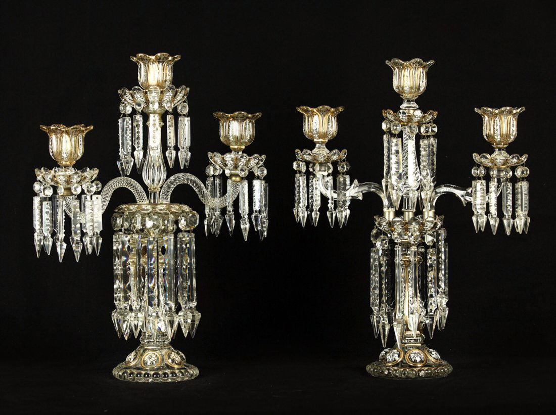 A NEAR PAIR OF BACCARAT 3 LIGHT CANDELABRA (1 of 3)