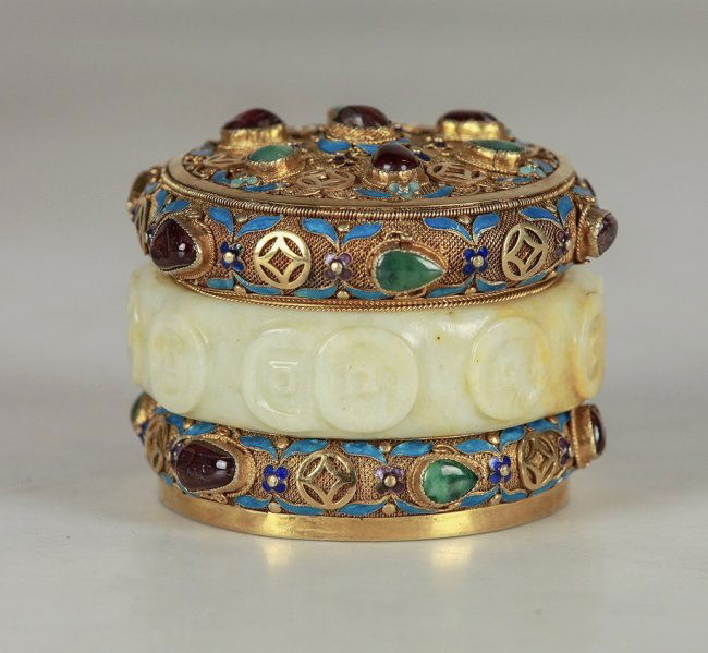 A CHINESE SILVER GILT ENAMEL AND JADE BOX (1 of 4)