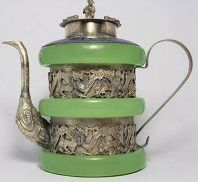 CHINESE SILVER AND JADE TEA POT (1 of 1)