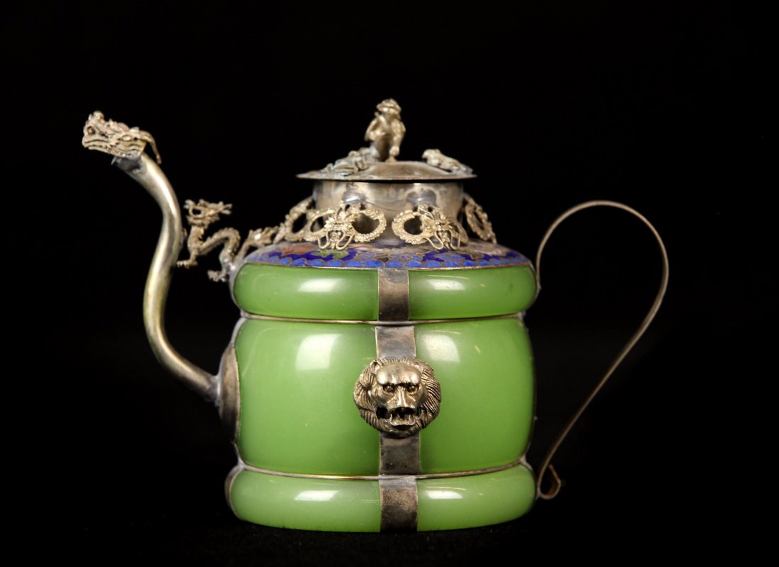 CHINESE ENAMELED SILVER AND JADE TEA POT (1 of 3)