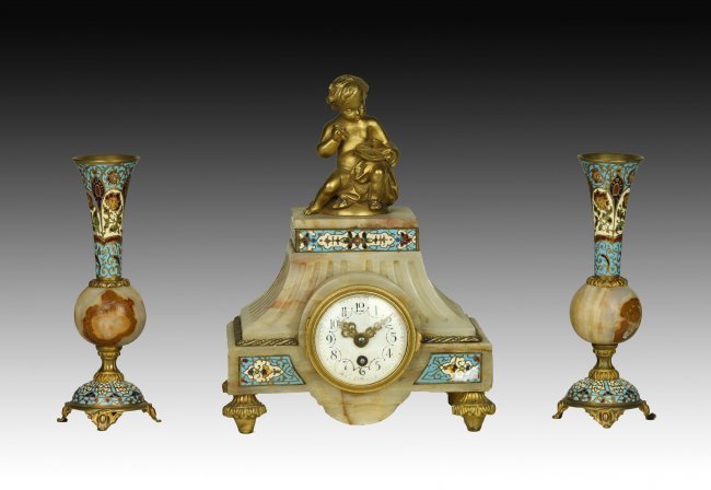 19TH CENTURY FRENCH CHAMPLEVE ENAMEL CLOCK SET (1 of 2)