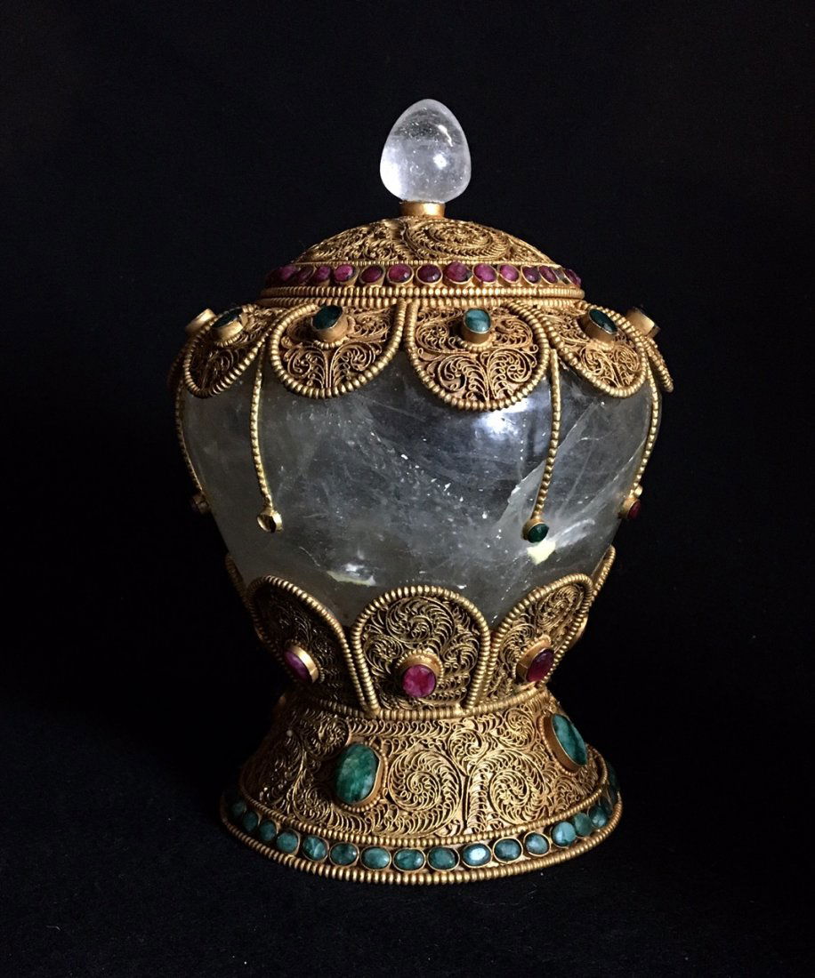 LARGE CHINESE ROCK CRYSTAL TEA CADDY WITH SEMIPRECIOUS (1 of 2)