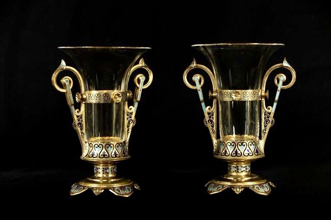 A LARGE PAIR OF 19TH C.  FRENCH CHAMPLEVE ENAMEL VASES (1 of 2)
