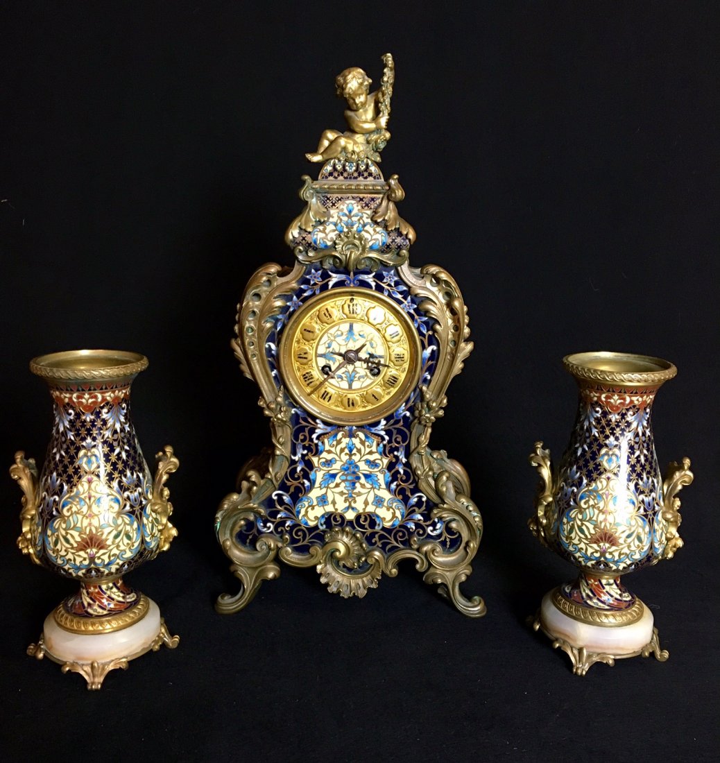 19TH CENTURY FRENCH CHAMPLEVE ENAMEL CLOCK SET (1 of 2)