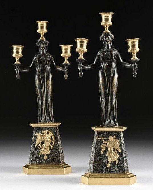 A PAIR OF 19TH C. EMPIRE STYLE BRONZE AND MARBLE CANDEL (1 of 1)