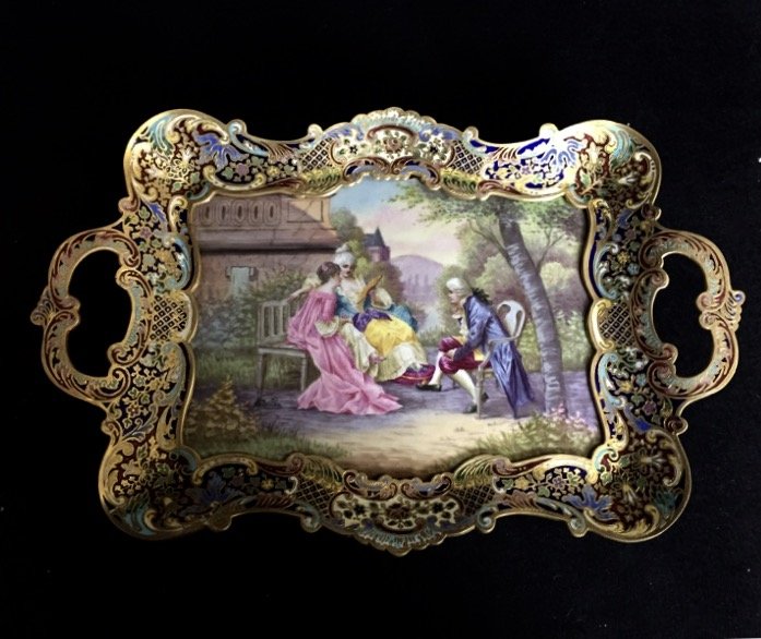19TH CENTURY CHAMPLEVE ENAMEL AND SEVRES DISH: Measures 14.5" X 10". Excellent condition. Estimate $1.800-2.000