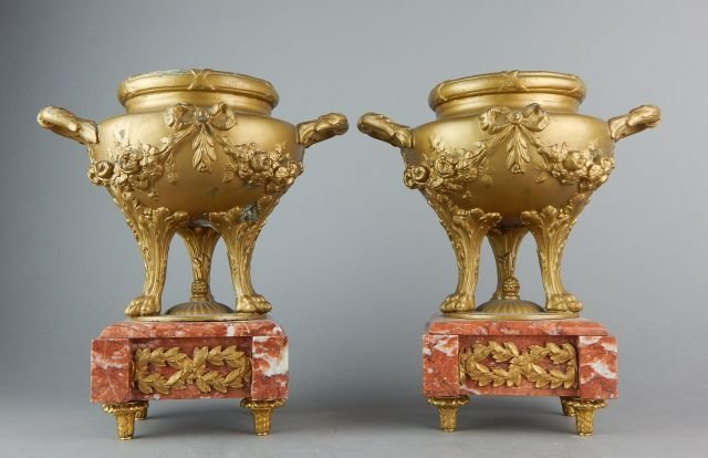 PAIR OF FRENCH GILT VASES ON MARBLE BASE (1 of 2)