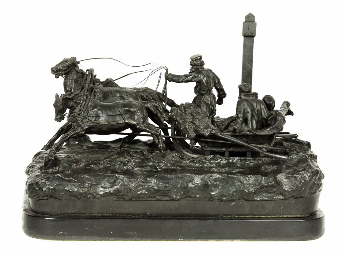 RUSSIAN BRONZE SIGNED VASILY GRACHEV: Russian Bronze figural group of Winter Troika. The troika driver leading the horses through the snowy landscape, with his occupants, “Winter Troika”, signed in Cyrillic 'Grachev' on base, inscribe