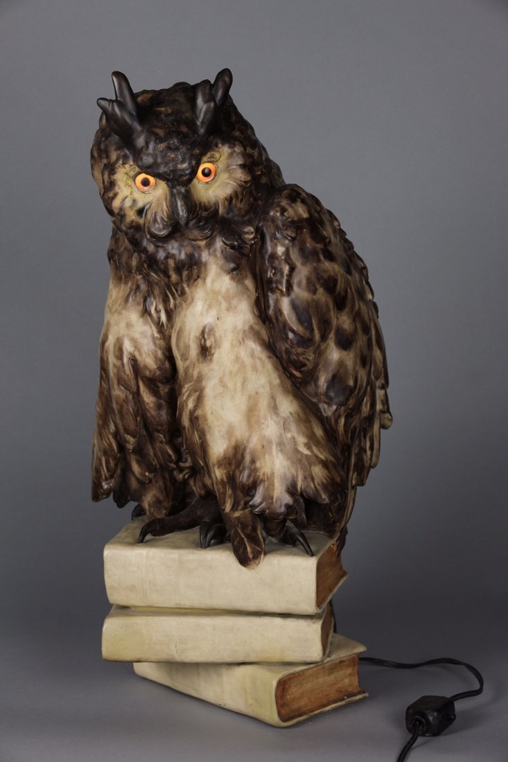 ANTIQUE GOLDCHEIDER TERRACAT OWL LAMP (1 of 2)