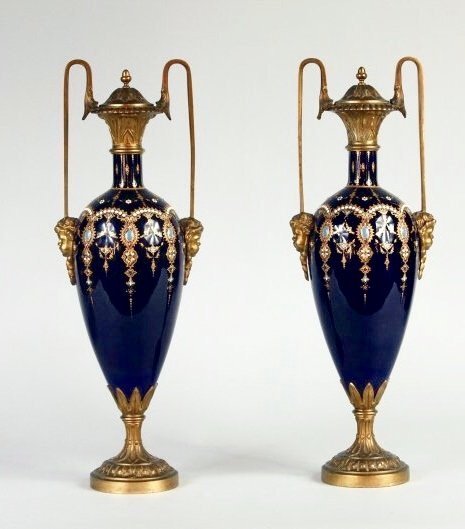 A PAIR OF FRENCH JEWELLED ENAMEL AND ORMOLU VASES: Circa 1880. Measure 15" High. Excellent condition. Estimate $2.000-2.500