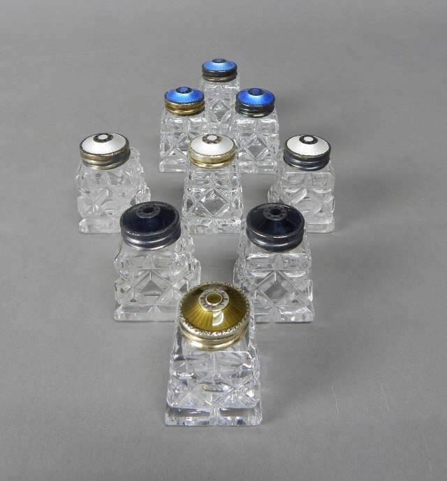 9 NORWEGIAN STERLING SILVER NAMEL AND CRYSTAL SALTS (1 of 2)