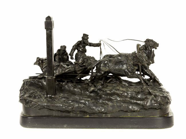 RUSSIAN BRONZE SIGNED VASILY GRACHEV: Russian Bronze figural group of Winter Troika. The troika driver leading the horses through the snowy landscape, with his occupants, “Winter Troika”, signed in Cyrillic 'Grachev' on base, inscribe