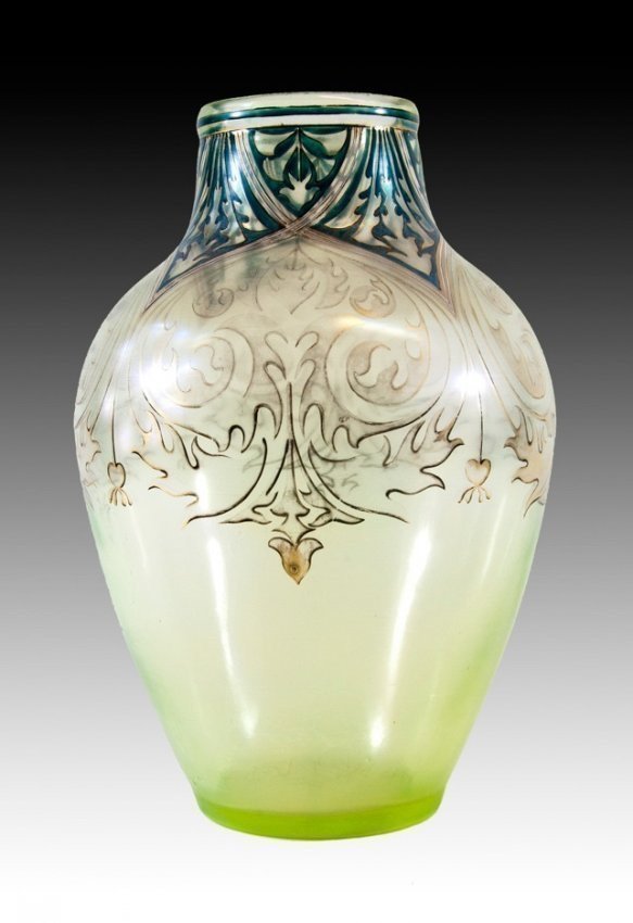 A LARGE FRITZ HEKARD ENAMELLED GLASS VASE: 16" High. Excellent condition. Estimate $500-600