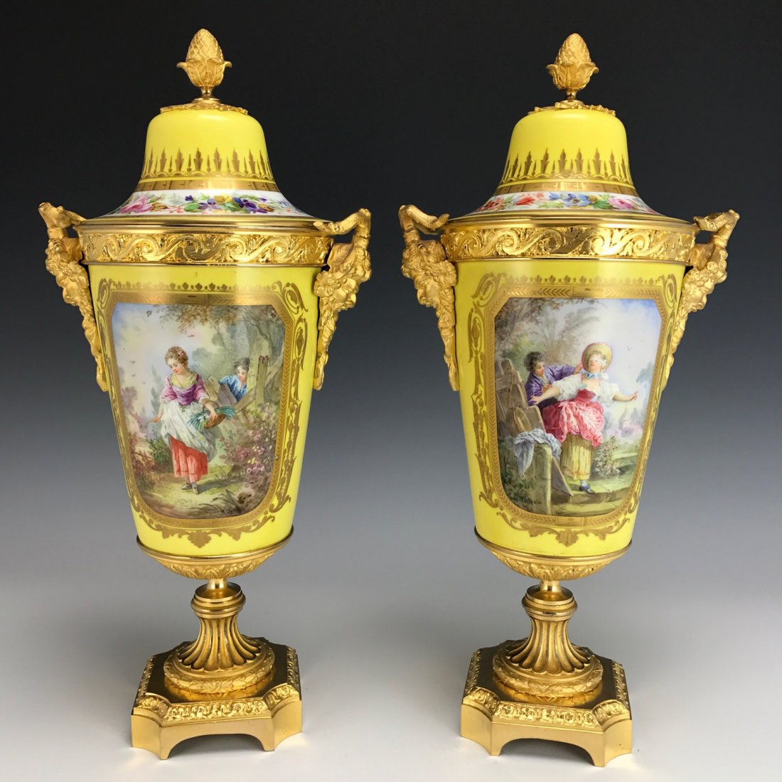 A PAIR OF LARGE 19TH C. ORMOLU MOUNTED SEVRES VASES: Circa 1880. Measuring 17" High. In perfect condition. Estimate $2.000-2.500