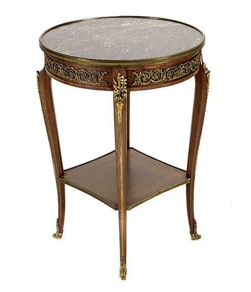 LOUIS XVI STYLE ORMOLU MOUNTED MARBLE TOP GUERIDON: Circa 1900. Measures 31" High , 21" Diameter. Estimate $1.000-1.200