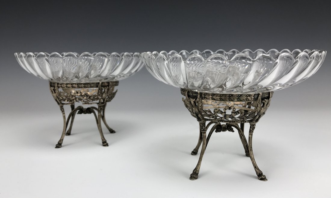 A PAIR OF 19TH C. CONTINENTAL SILVER AND BACCARAT GALAS: Measures 6.5" D. Stamped Baccarat. Excellent condition. Estimate $600-800