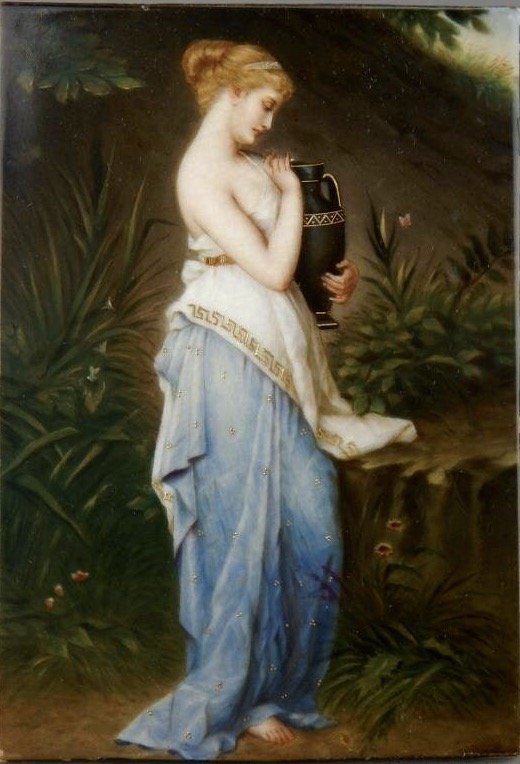 19TH CENTURY BERLIN KPM PORCELAIN PLAQUE: Marked on back "Psyche mit der Urne" signed "after R. Beyschlag", unframed measures 7 5/8" x 5 3/8". Estimate $1,500 - $2,000