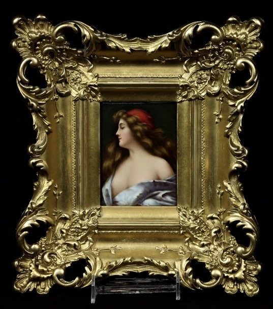19TH CENTURY KPM STYLE PORCELAIN PLAQUE: Porcelain sight measures 5" H x 3.5"W; Frame - 12.25"H x 10.75"W. Porcelain in excellent condition. Estimate $1.200-1.500