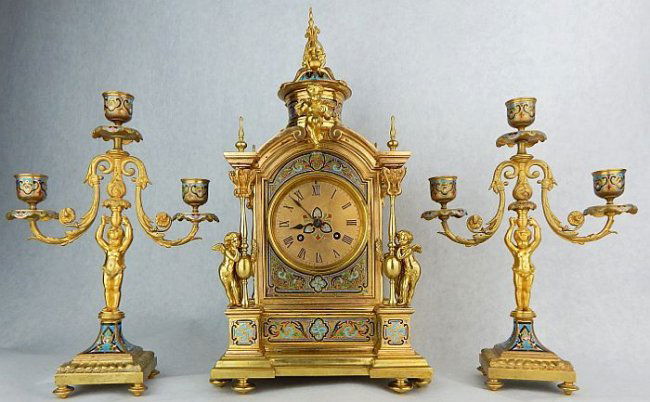 19TH C. FRENCH CHAMPLEVE ENAMELLED BRONZE CLOCK SET (1 of 4)