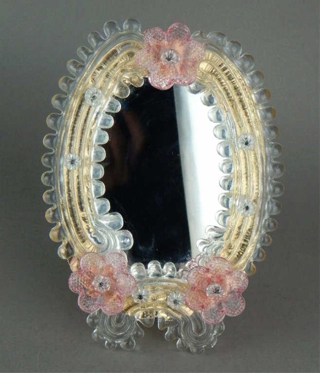 MURANO ART GLASS MIRROR: Measures 7.5" X 5.5". Estimate $150-200