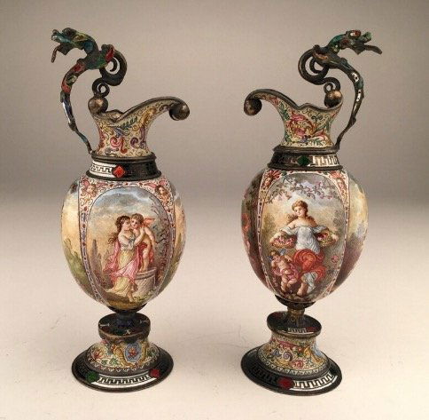 AN EXQUISITE PAIR OF VIENNESE ENAMEL SILVER VASES (1 of 5)