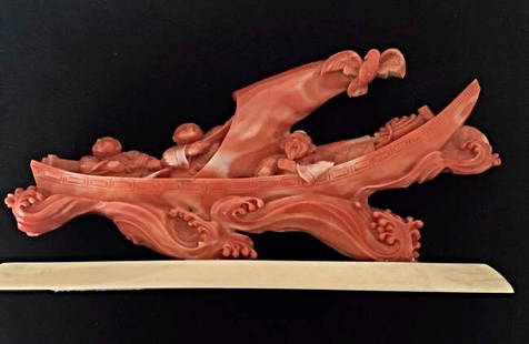 ANTIQUE CHINESE CORAL GROUP: Measures 10" L. Corral only weighs 372 grams. Estimate $3.000-4.000