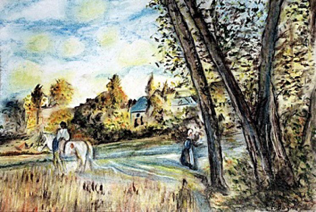 View of the Village - Pastel Drawing - Frederic Bazille: Pastel Drawing on Paper, bearing the signature , in the manner of Bazille. Size Approx. 19 x 13 Inches