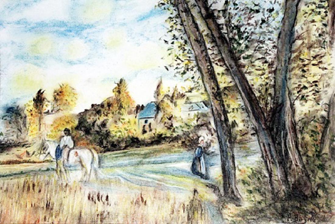 View of the Village - Pastel Drawing - Frederic Bazille: Pastel Drawing on Paper, bearing the signature , in the manner of Bazille. Size Approx. 19 x 13 Inches