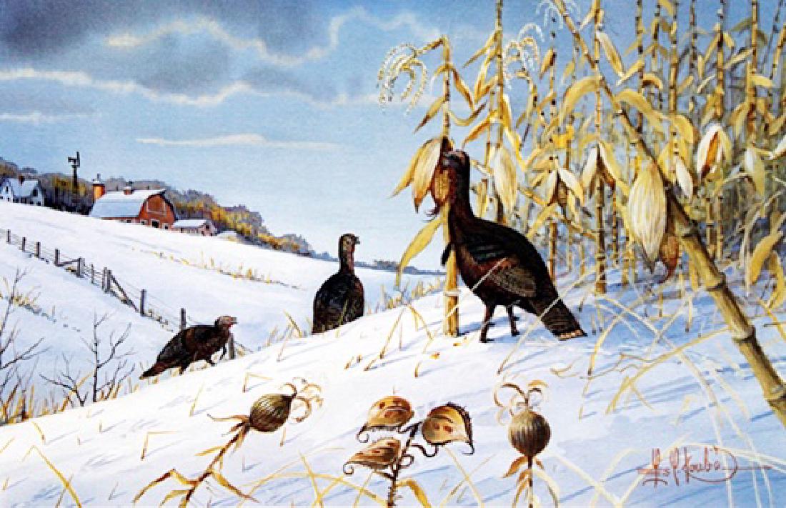 Print "Wild Turkey Feedin" after Les C. Kouba: authentic fine art print, Numbered, Bearing an Interpretive Hand Pencil Signature and Plate Signature of the Artist, Approx. 11" " x 14 1/2" In.