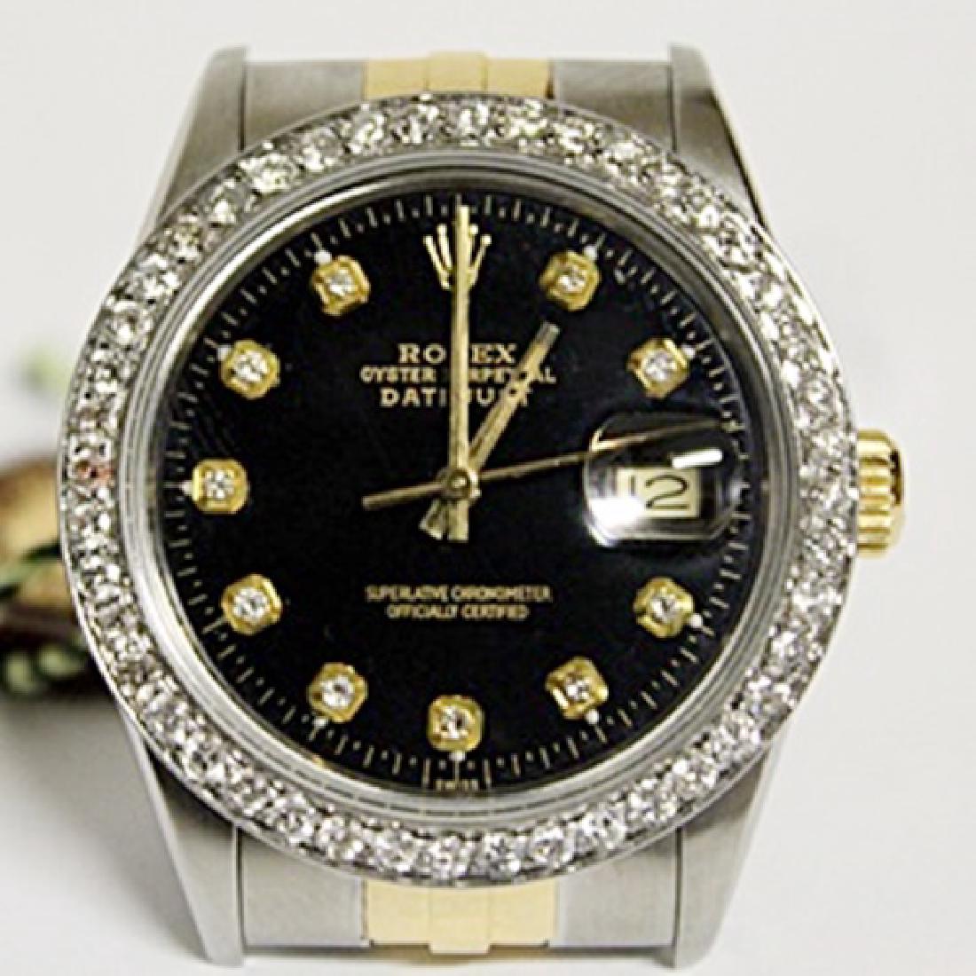 18K DiamondDial DateJust Rolex Watch: Men's, 18kt DateJust Oyster Perpetual Offically Certified Chronometer Rolex Wrist Watch, Two-Tone, 18K Yellow Gold, Stainless Steel, Diamond Dial, Diamond Bezel, BlackFace,