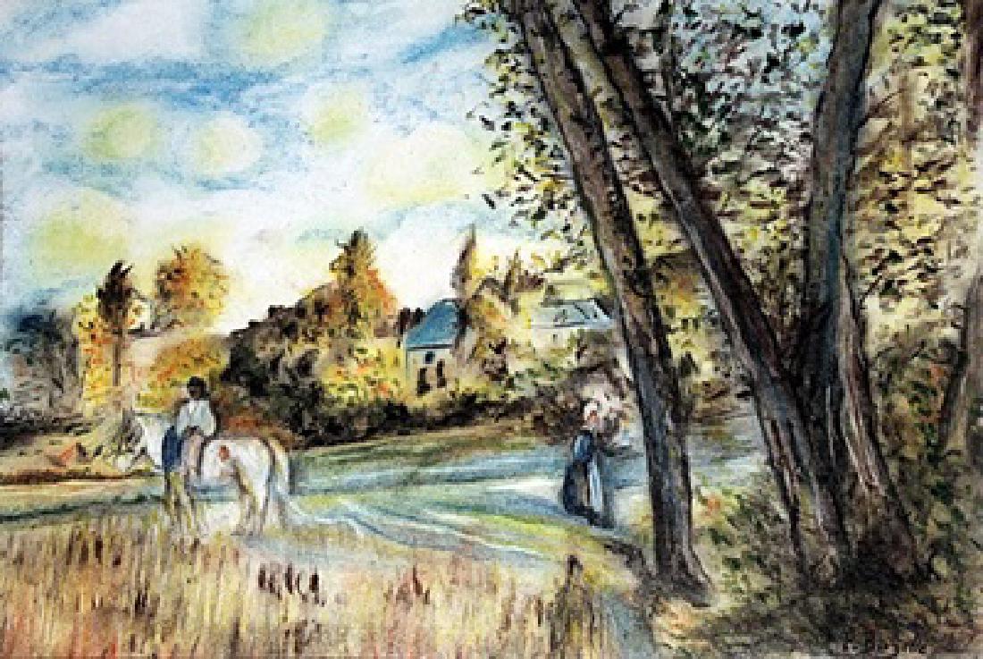 View of the Village - Pastel Drawing - Frederic Bazille: Pastel Drawing on Paper, bearing the signature , in the manner of Bazille. Size Approx. 19 x 13 Inches