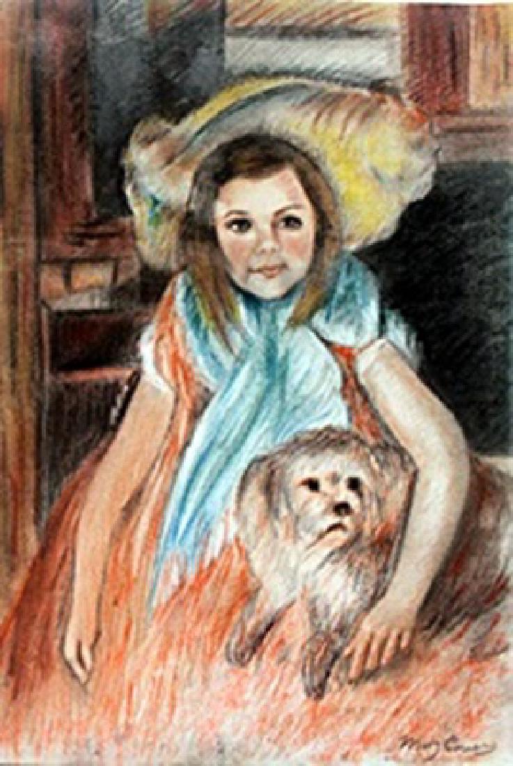 Girl with a Dog - Pastel on Paper - Mary Cassatt: Pastel Drawing on Paper, bearing the signature , in the manner of Cassatt. Approximate Size: 19 x 13 inches