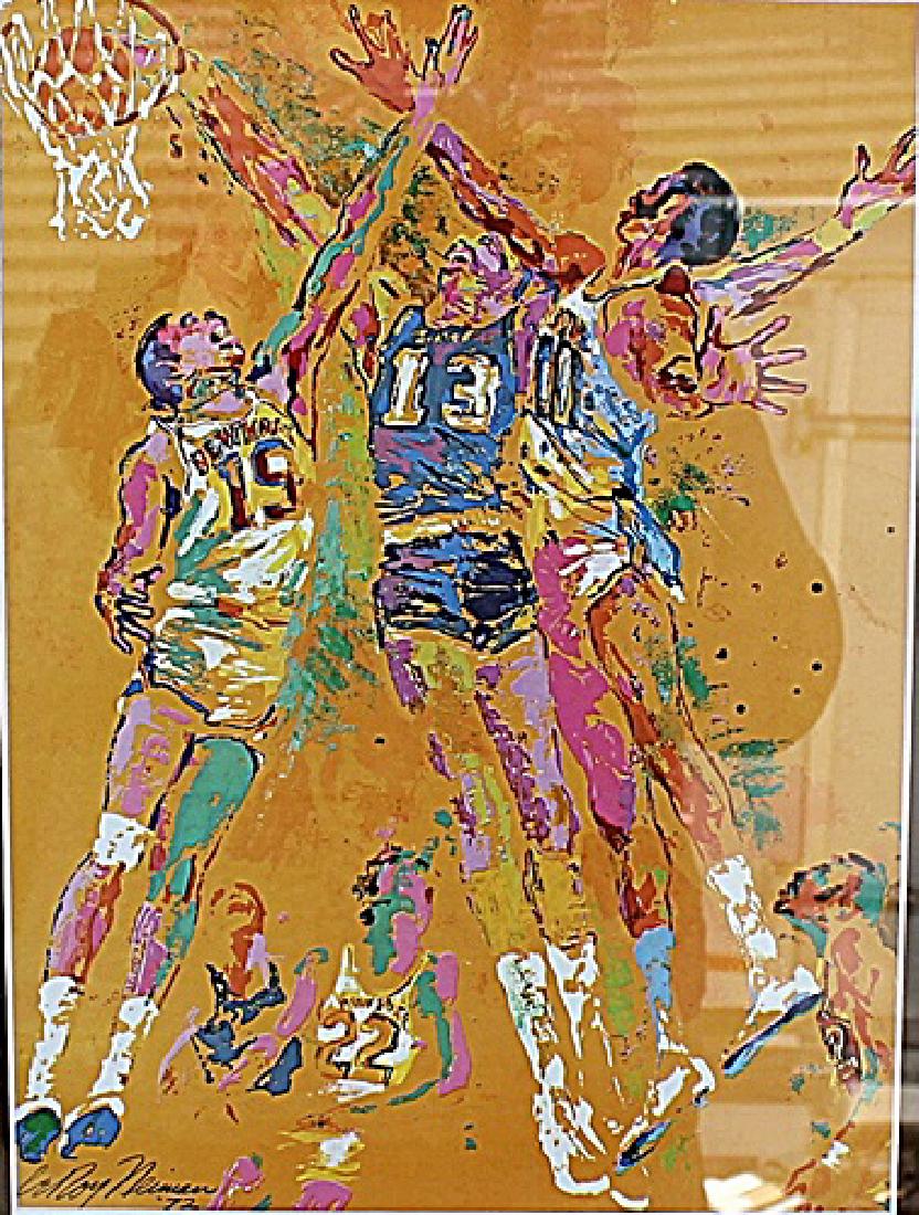 Basketball Knicks V. Lakers - Leroy Neiman - Lithograph: Lithograph by Leroy Neiman. LeRoy Neiman was an American artist known for his brilliantly colored, expressionist paintings and screen prints of athletes, musicians, and sporting events.