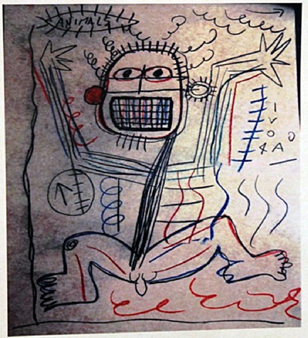 Jean Michel-Basquiat- Untitled: In the Manner of Jean Michel-Basquiat "Untitled" oil on paper circa 1976, private collection approx. 19x14in. Basquiat often incorporated words into his paintings. Before his career as a painter began
