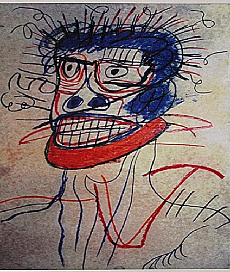 Jean Michel-Basquiat- Untitled: In the Manner of Jean Michel-Basquiat "Untitled" oil on paper circa 1977, private collection approx. 19x14in. Basquiat often incorporated words into his paintings. Before his career as a painter began