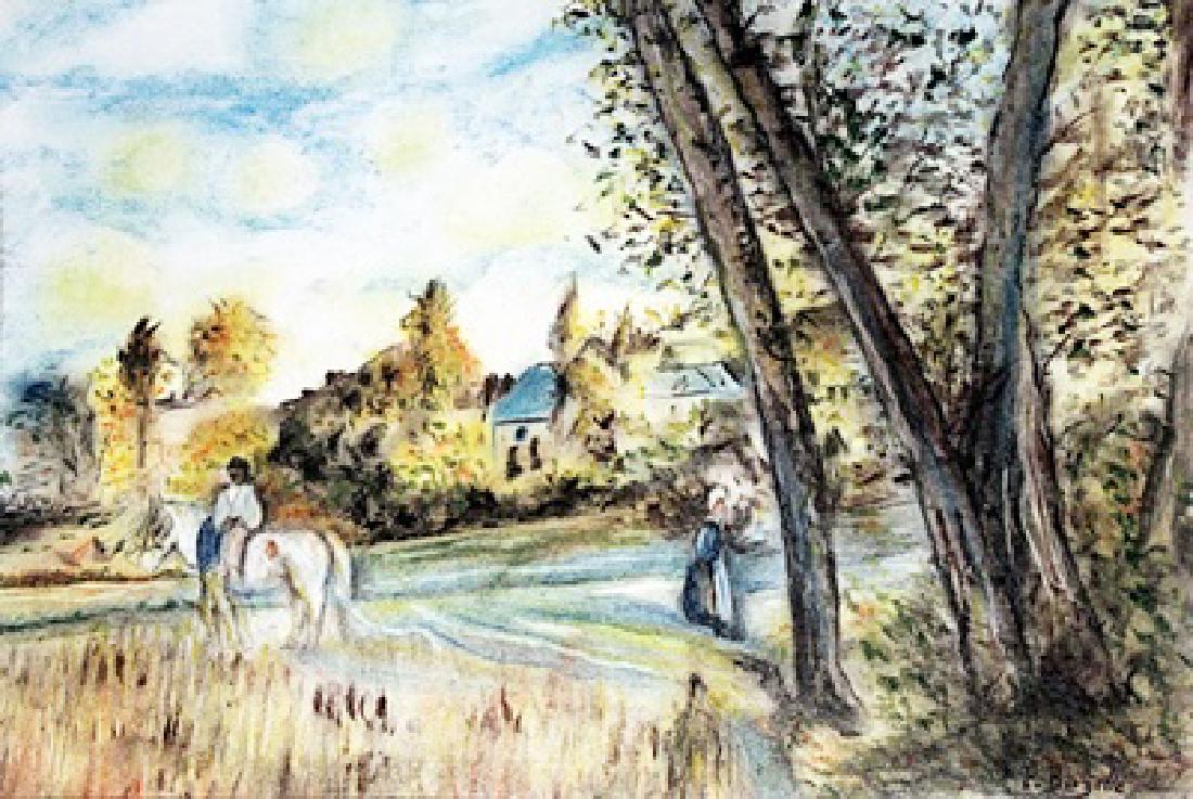 View of the Village - Pastel Drawing - Frederic Bazille: Pastel Drawing on Paper, bearing the signature , in the manner of Bazille. Size Approx. 19 x 13 Inches