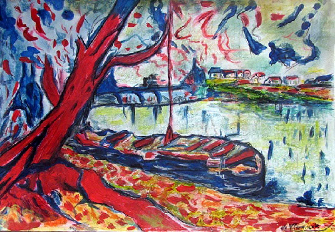 The River Siene At Chatou - Maurice De Vlaminck -: Pastel on paper in the manner of Maurice De Vlaminck, approx. 20x14 in. Maurice de Vlaminck was a French painter. Along with André Derain and Henri Matisse he is considered one of the principal figur
