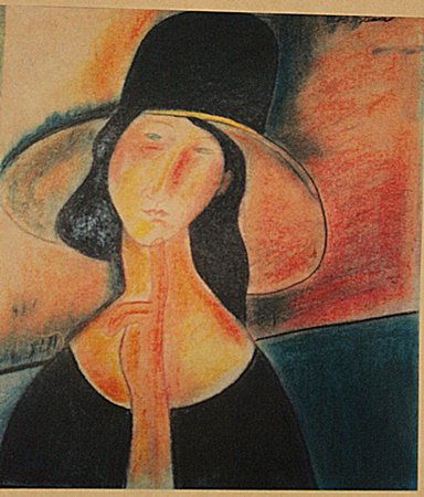 Amedeo Modigliani - Woman With Hat: Amedeo Modigliani "Woman With Hat" pastel on paper circa. 1917, private collection approx. 19x13in. A central participant in the Ecole de Paris, Modigliani modernized two of the enduring themes of art